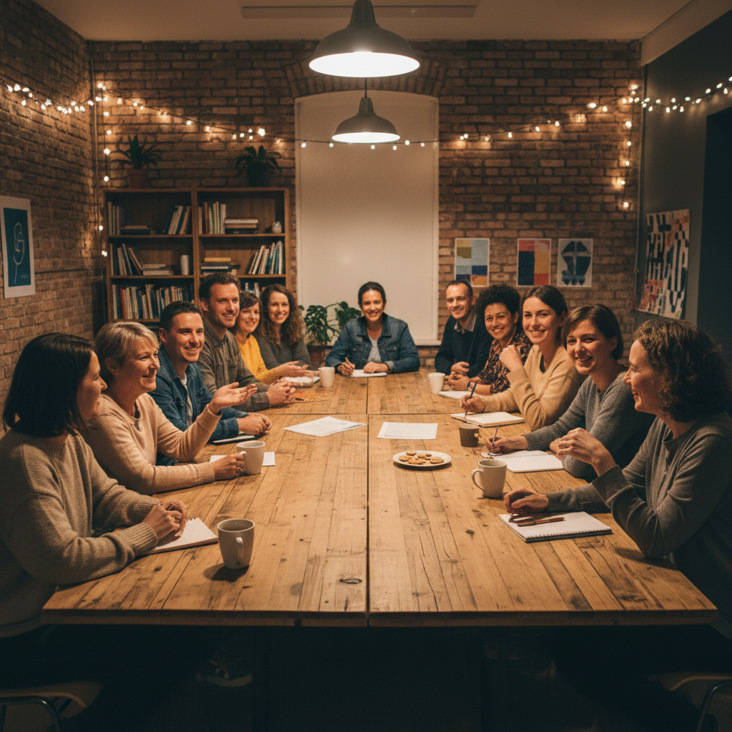 Group of people gathered around a table in warm community meeting space