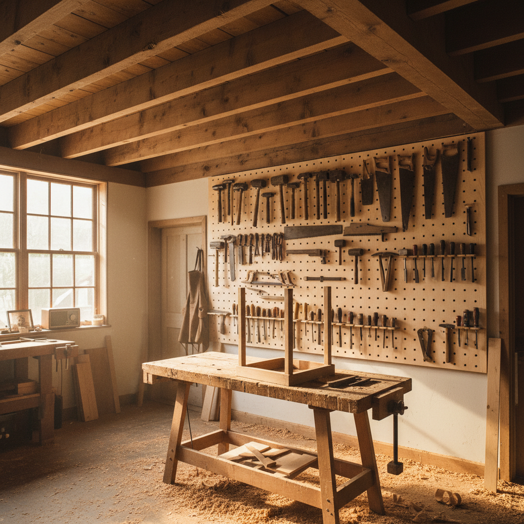 Beautiful timber workshop interior with warm lighting, tools and wood pieces arranged, dark atmospheric Cape Town workshop