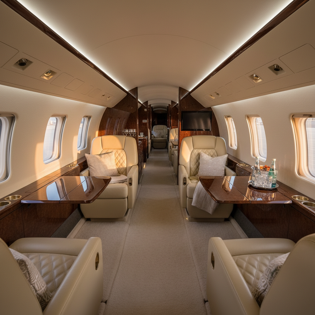 Private jet interior with moody dim cabin lighting, dark leather seats, deep shadow atmosphere, low-key luxury