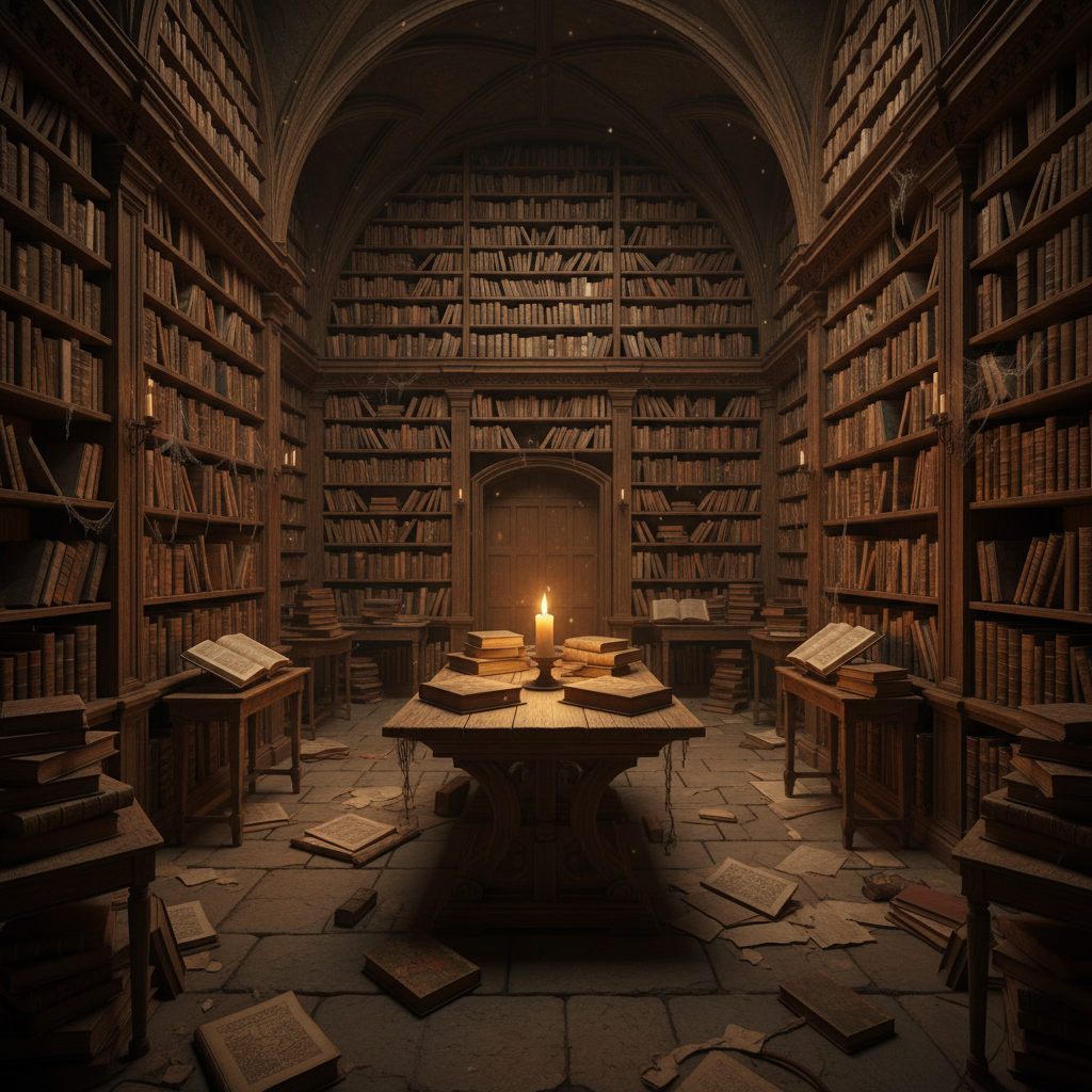 Ancient library interior with warm candlelight, dark wood shelves, deep amber shadows, scholarly and timeless atmosphere