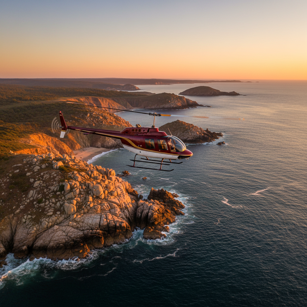 Bell 407 helicopter flying above coastal cliffs at sunset