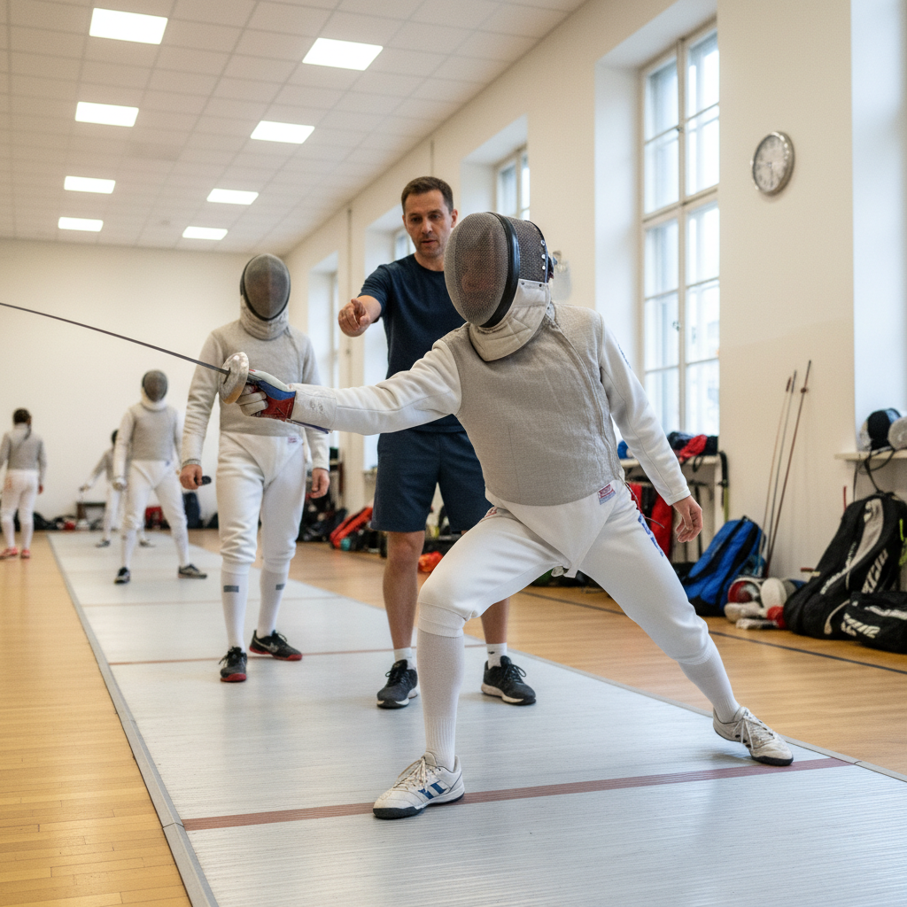 Foil fencer in lunge position during clinic session