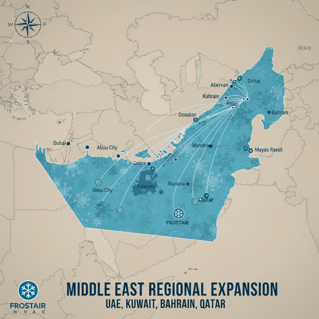 Middle East regional expansion showing FrostAir HVAC coverage across UAE, Kuwait, Bahrain and Qatar markets