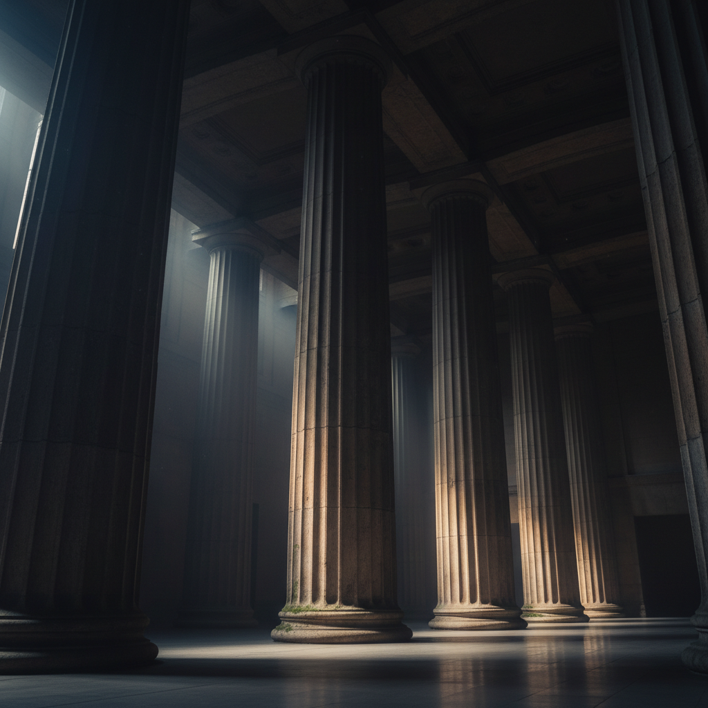 Courthouse steps at night, dim street lighting, dramatic shadows on marble columns, dark authoritative atmosphere