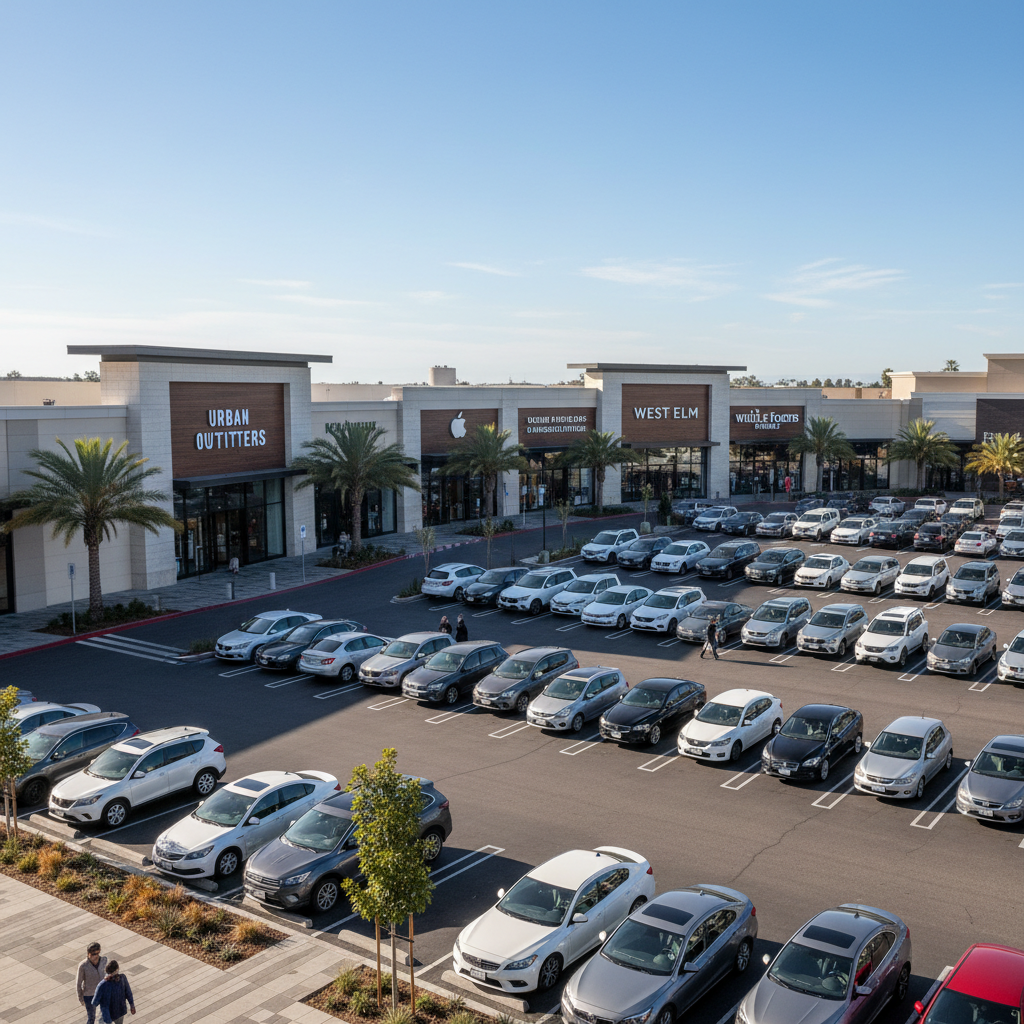 Modern retail shopping center exterior with parking lot and store fronts