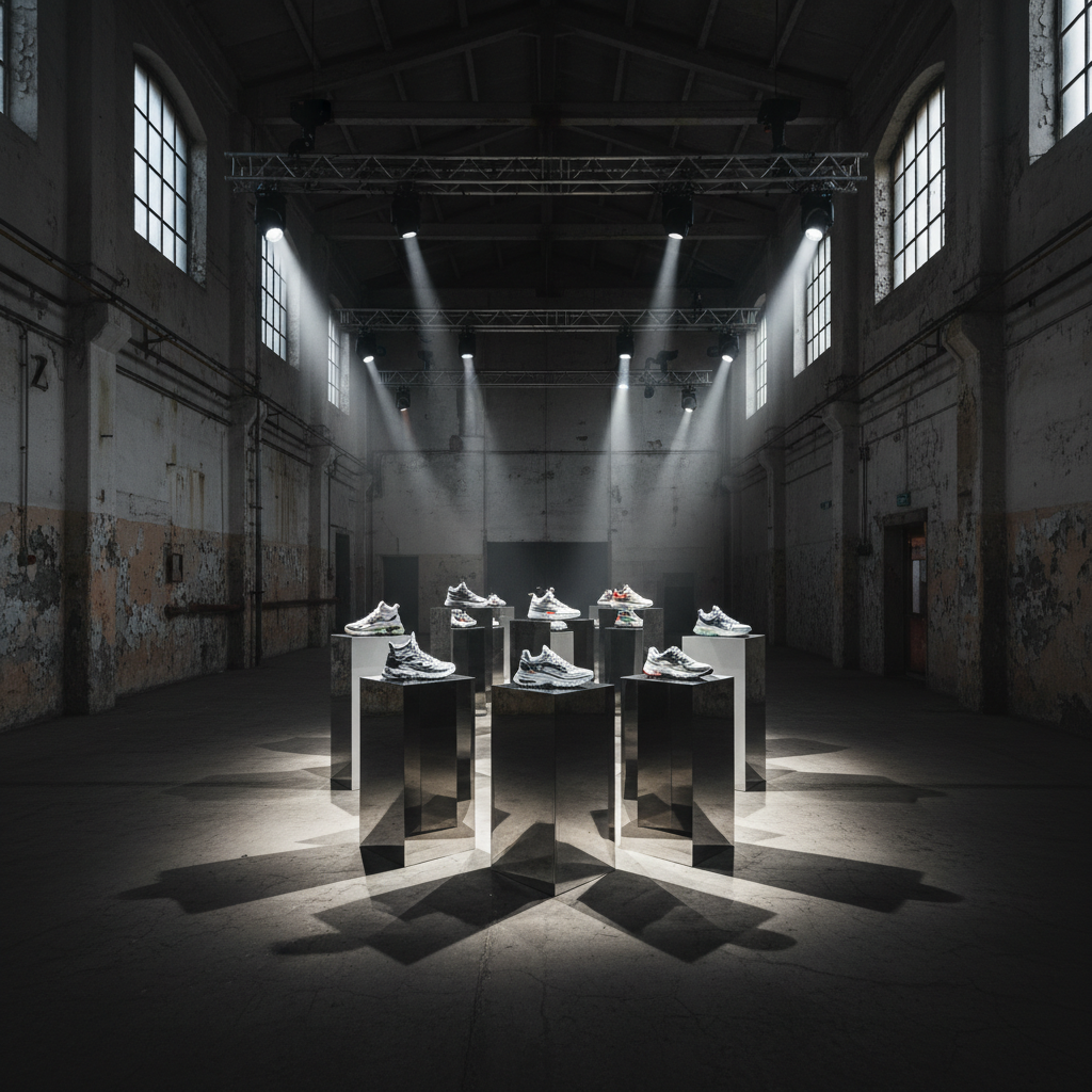 Converted Victorian warehouse office space, exposed brick walls, dim pendant lighting, dark steel and wood finishes