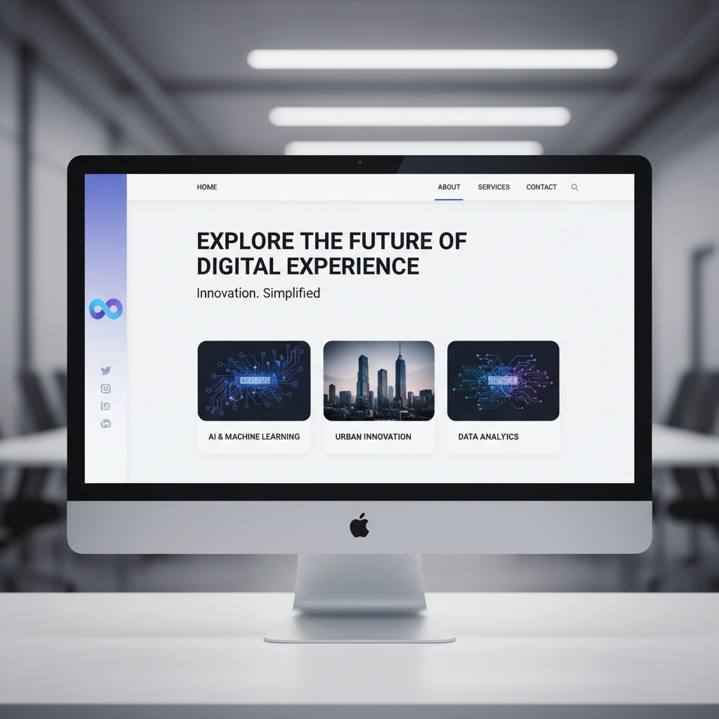 Clean airy studio with large monitor displaying a modern professional website design with light backgrounds and crisp typography