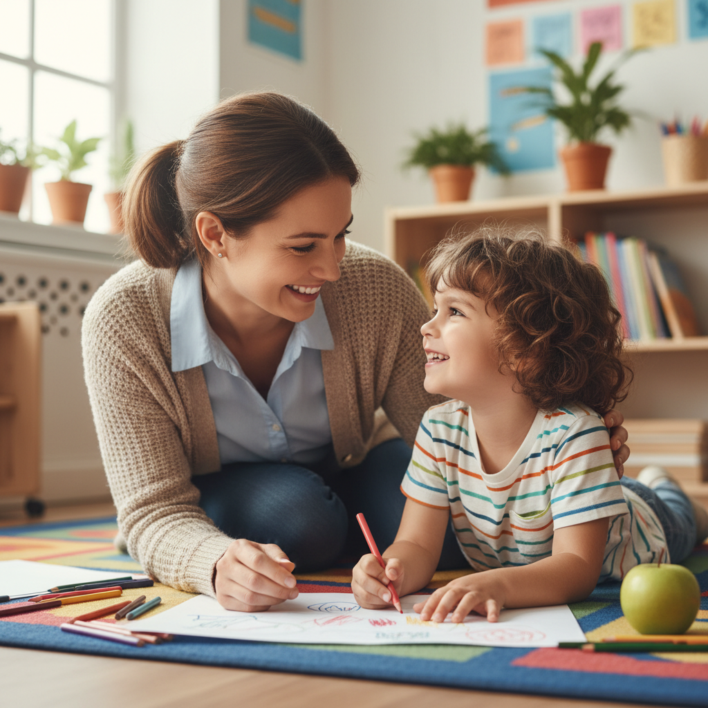 Teacher kneeling beside a child who is drawing, both smiling warmly