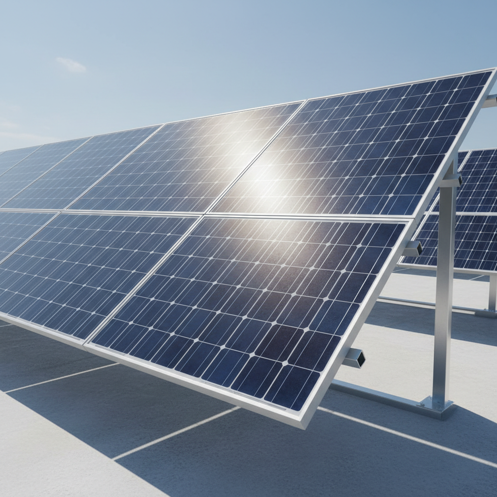 Solar panels on rooftop under bright clear blue sky with sunlight reflecting off panels
