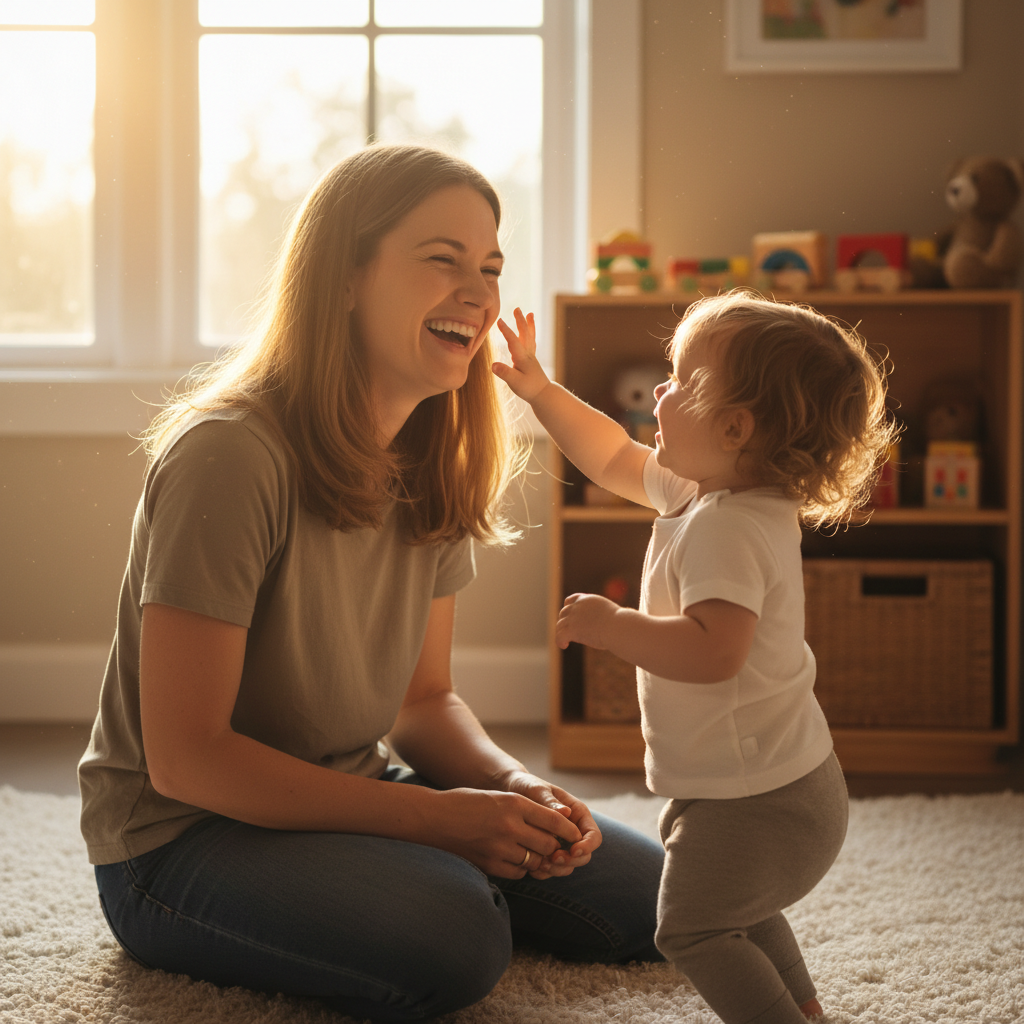 A warm classroom at golden hour — a caregiver crouched at child height, mid-laugh, a small hand reaching toward her face, wooden toy shelves soft-focused behind them