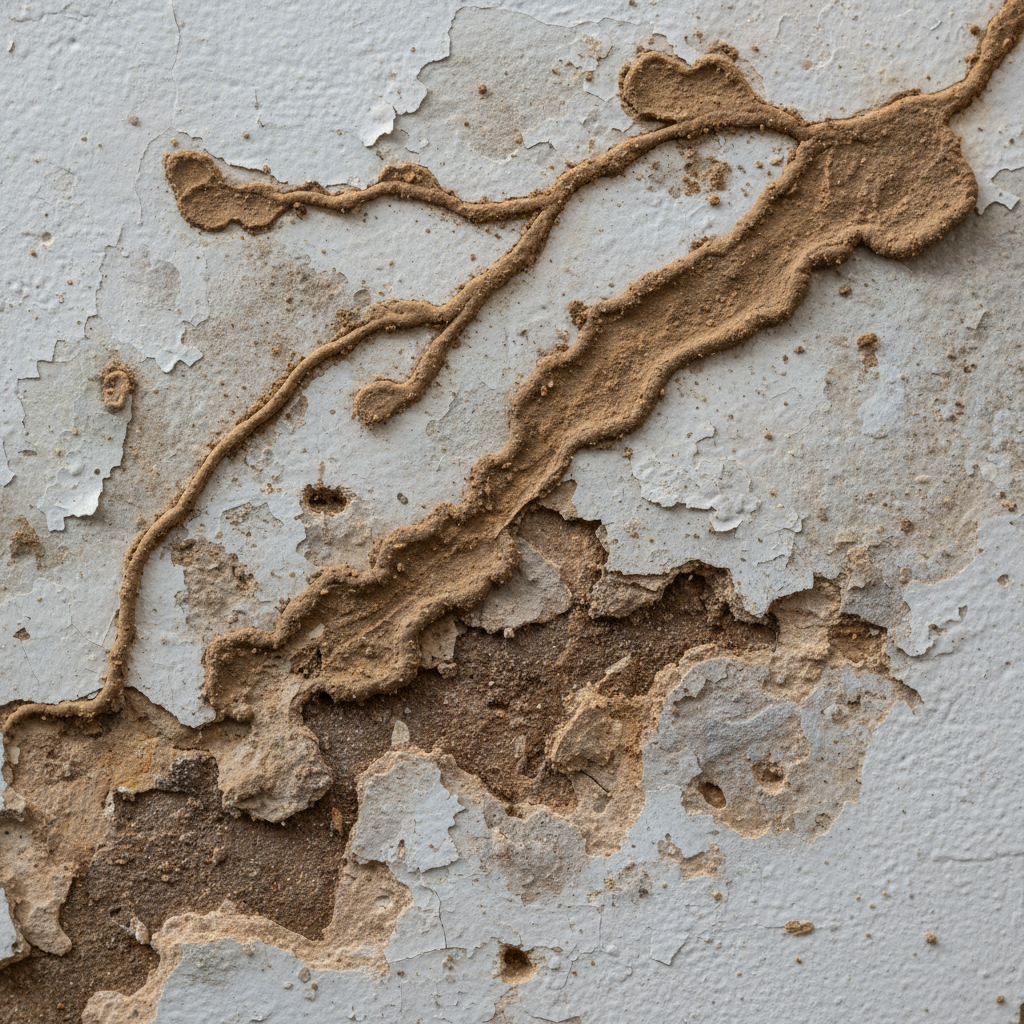 Close-up of termite mud tubes on a wall surface showing pest damage
