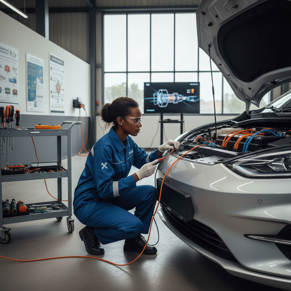 Ethiopian technician performing EV electric vehicle battery inspection at Tehetna Diagnostic Garage Addis Ababa