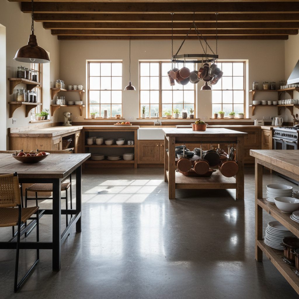 Farmhouse kitchen with high-gloss polished concrete floor, showing reflection of wooden countertops and copper cookware