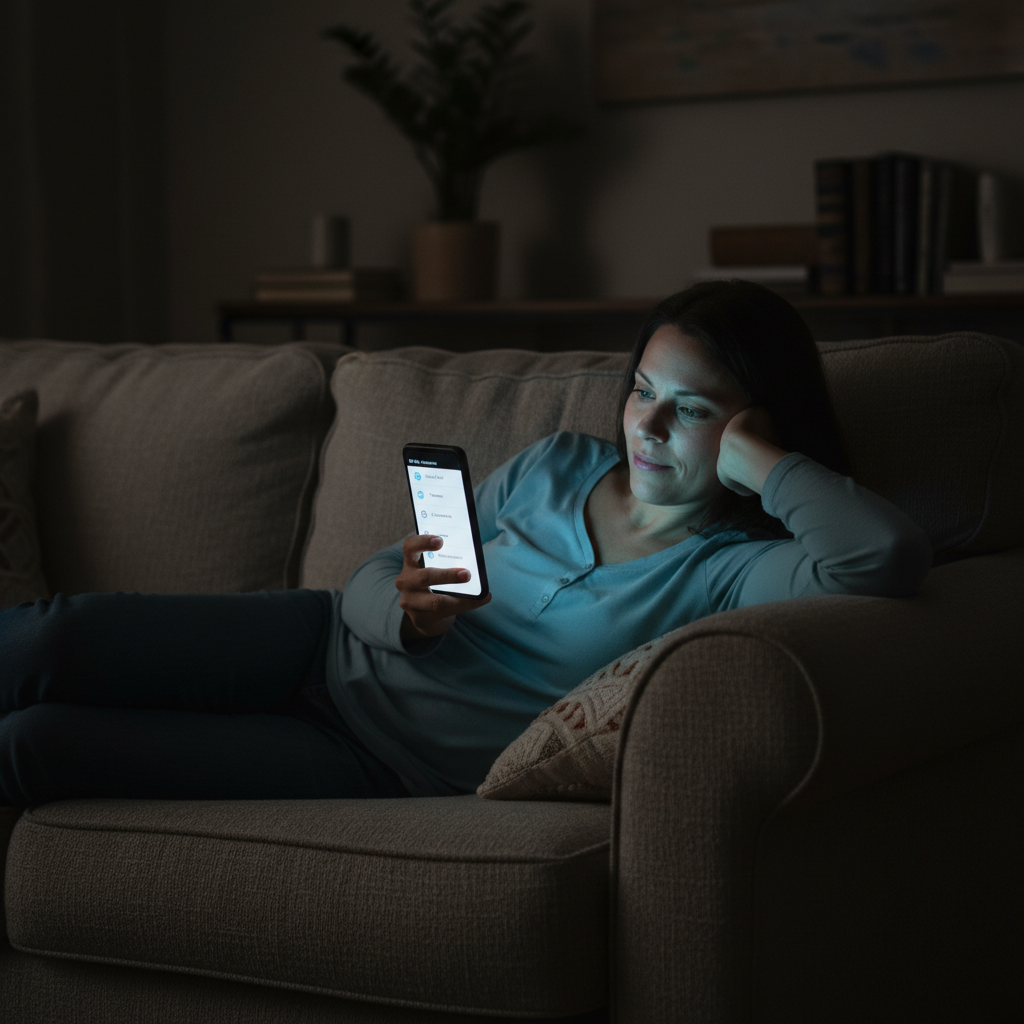 Parent scrolling phone at night on couch selecting party options