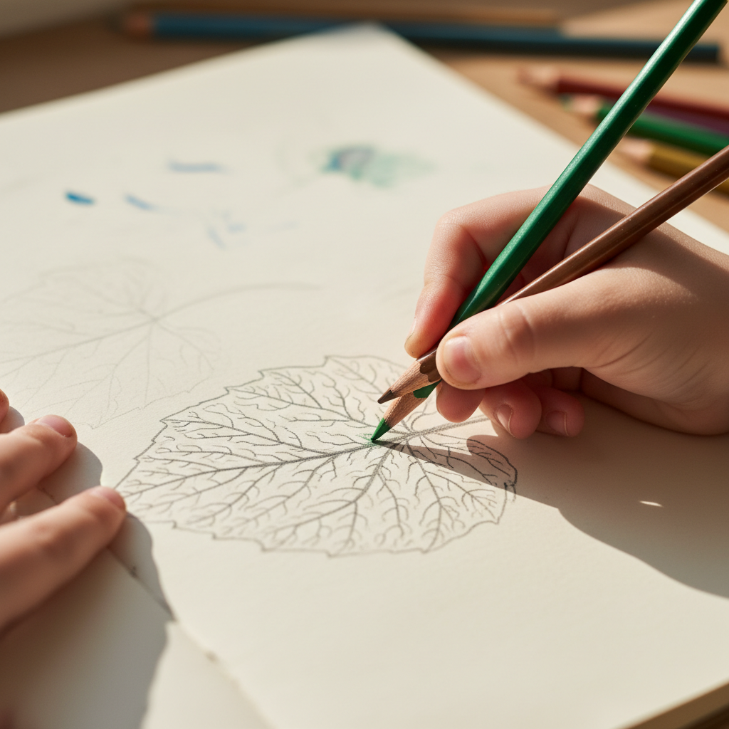 Close-up of child hands drawing detailed leaf veins in a sketchbook with colored pencils