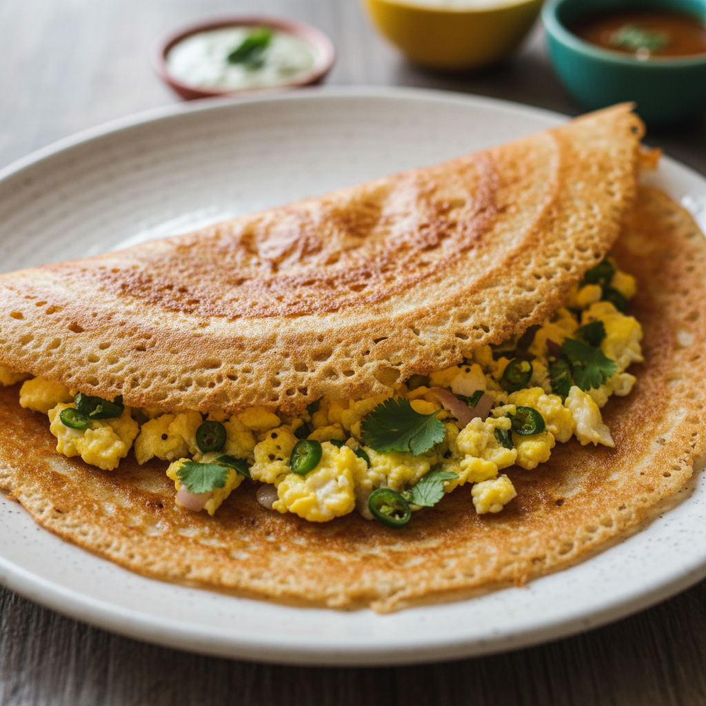 Egg dosa crispy crepe topped with fried egg and spiced onions