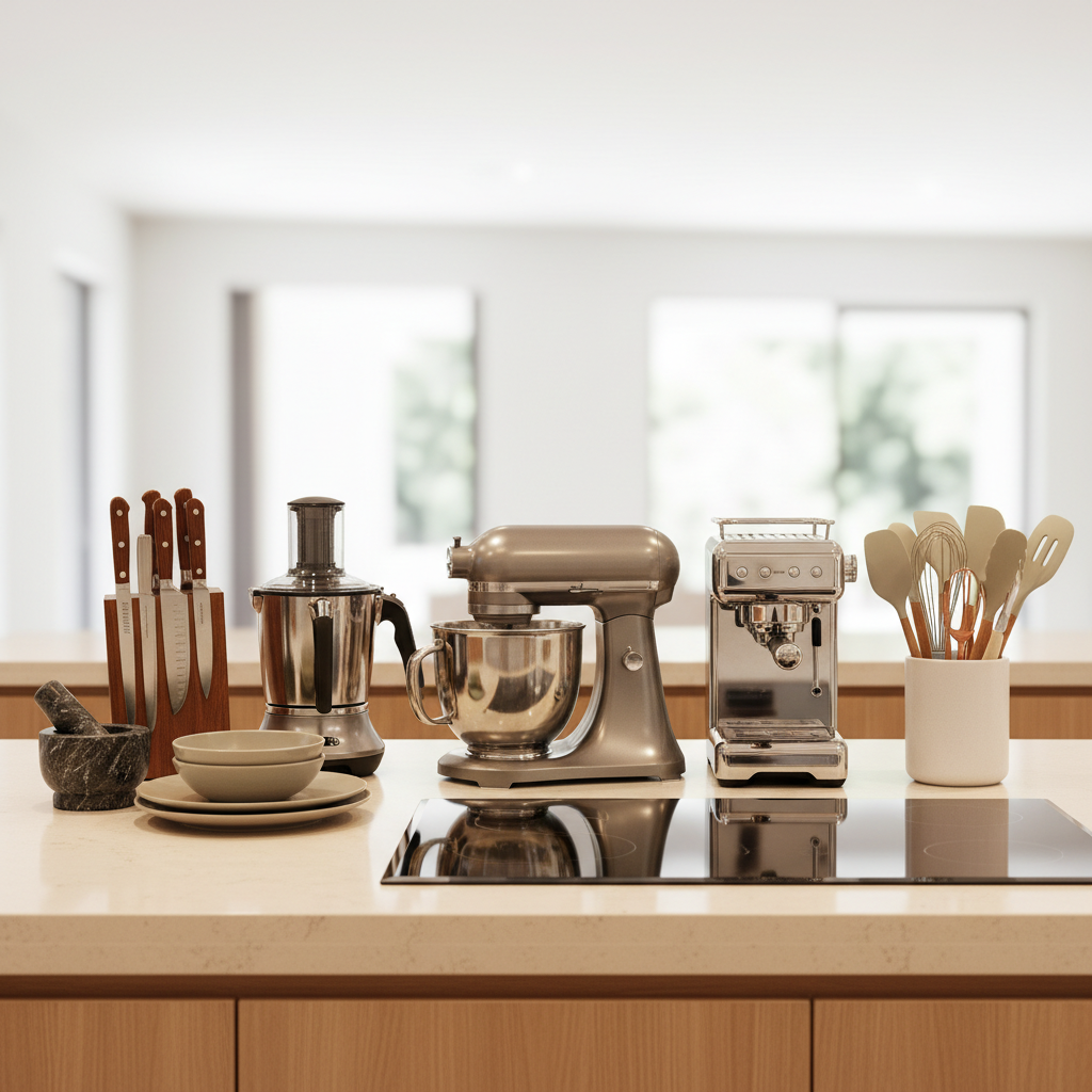Modern kitchen with various home appliances neatly arranged on white countertop in bright daylight