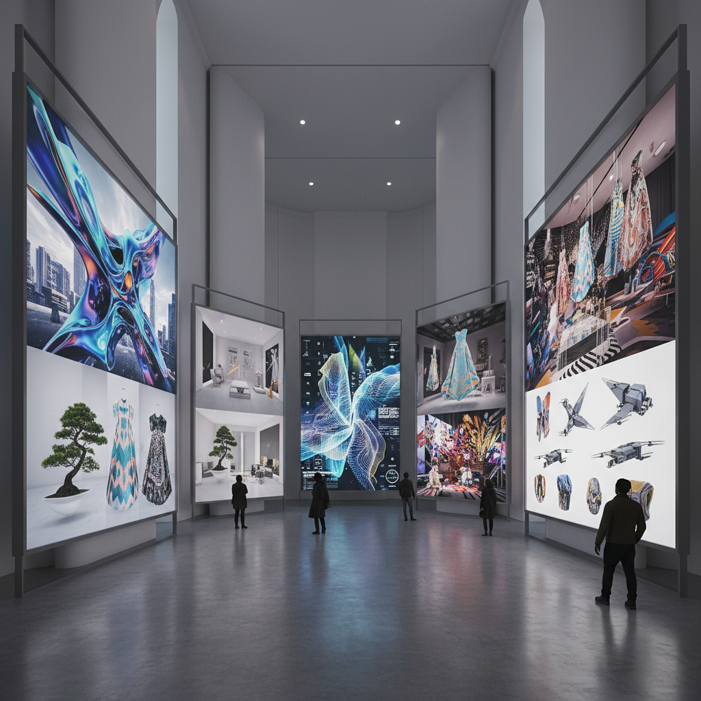 Vibrant AI-generated digital artwork displayed on bright gallery wall in modern exhibition space