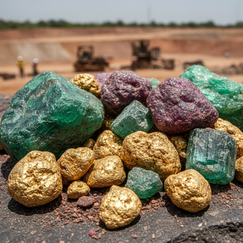 Raw gold nuggets close-up pile, dark moody shadows, deep black background, low-key warm lighting