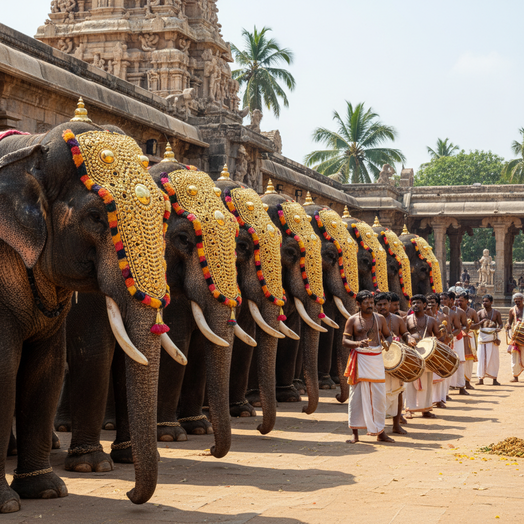 Majestic decorated elephants in a row with golden caparisons and colourful parasols at the grand Thrissur Pooram festival