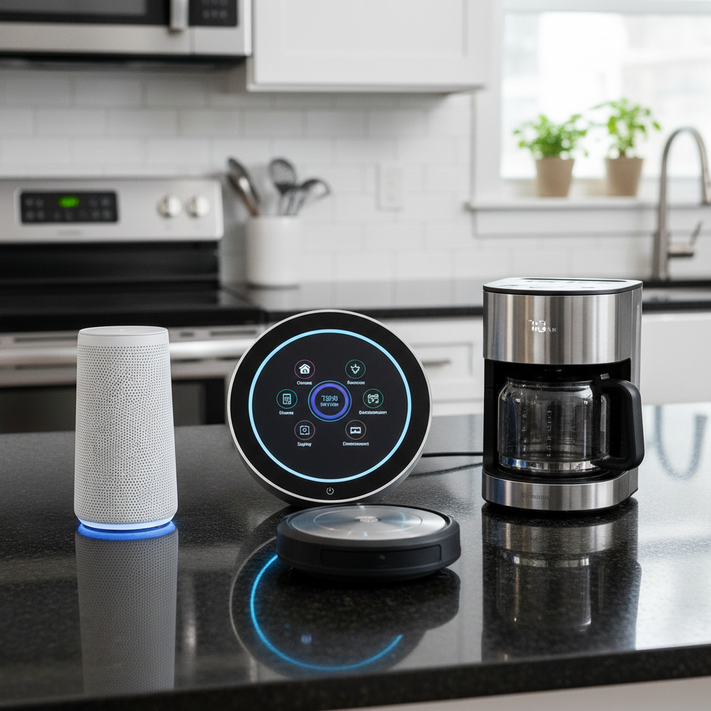 Smart home hub device on kitchen counter with connected device icons