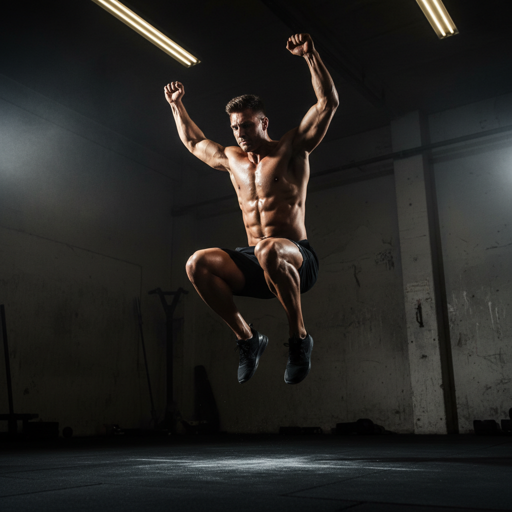 Athletic man in dark gym setting with dramatic lighting and strong shadows, dark industrial background