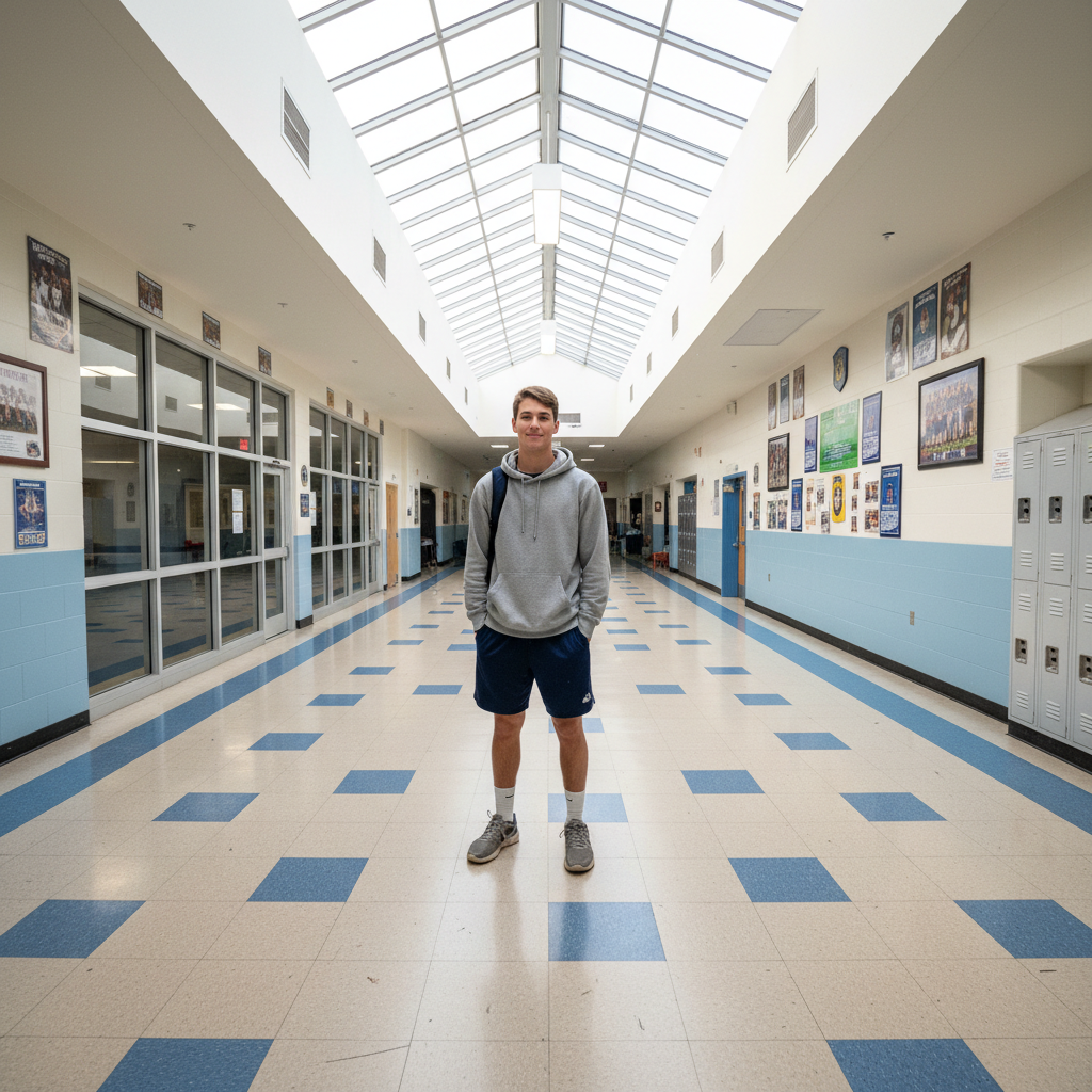 Homme jeune avec une expression bienveillante dans un couloir d'école lumineux