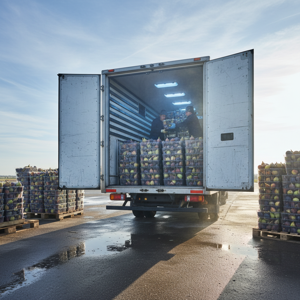 Refrigerated transport van loading fig flats at dawn, cold-chain process beginning