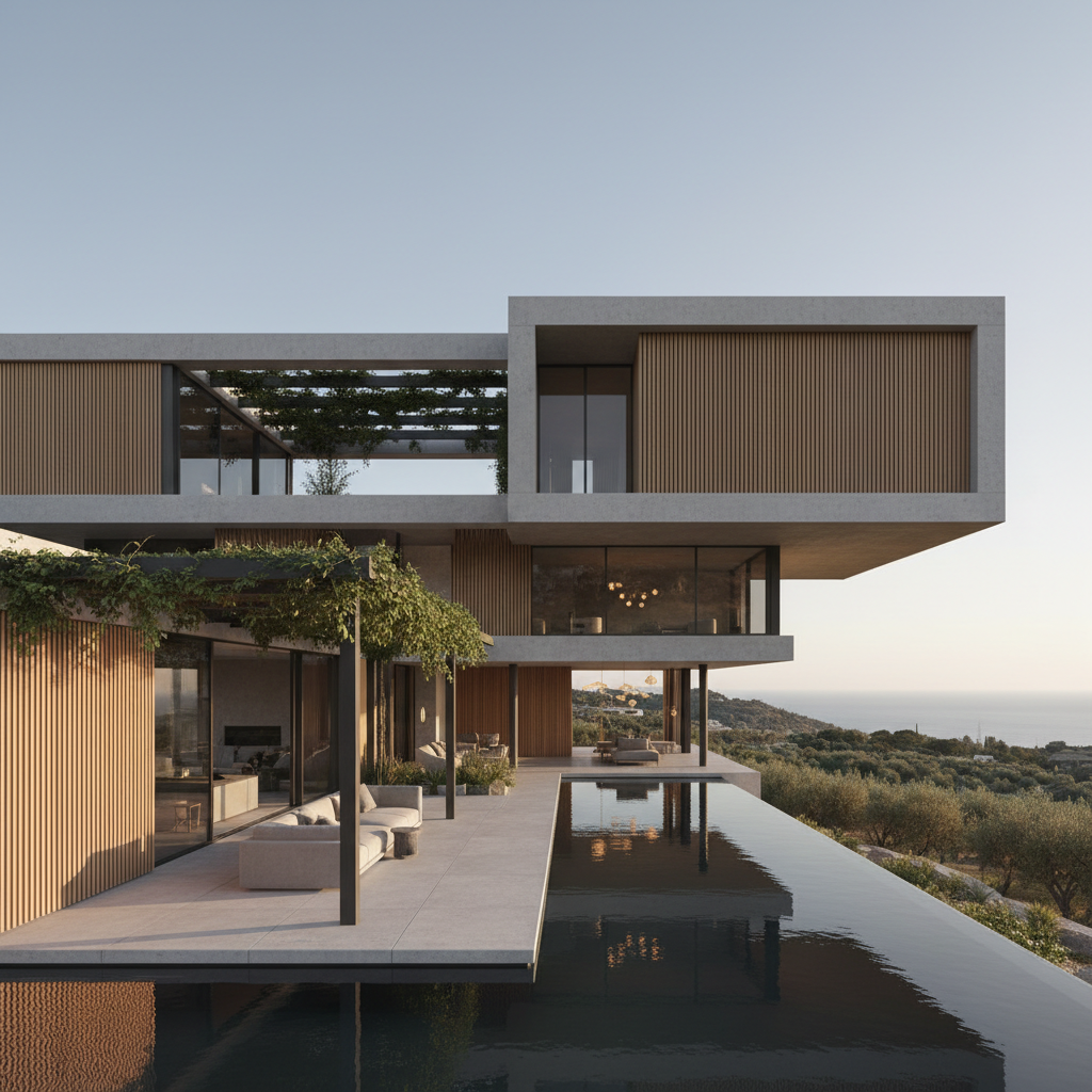 Ultra-luxury modern villa with infinity pool overlooking the Mediterranean sea at golden sunset