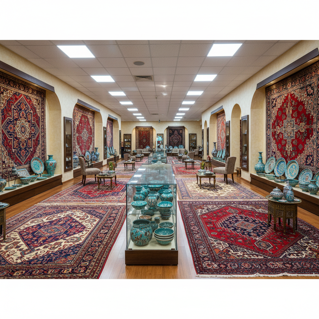 Professional showroom displaying various Persian handicrafts including carpets and pottery