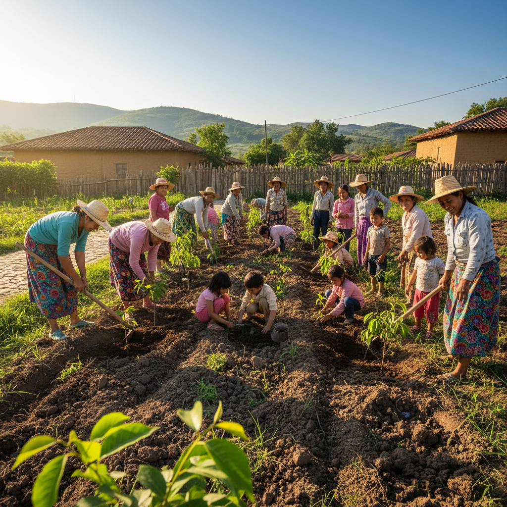 Group of young children in colorful clothes planting small tree saplings in garden with adults supervising