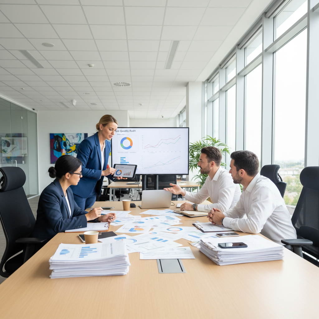 Professional team collaborating in bright modern boardroom, business strategy session with charts and documents, contemporary office