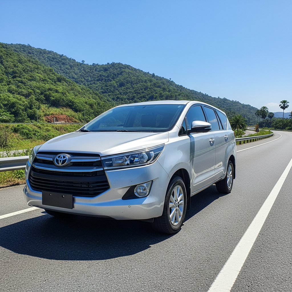 Toyota Innova MPV - silver vehicle on highway with clear blue sky and green hills in background, most popular Chikkamagaluru taxi