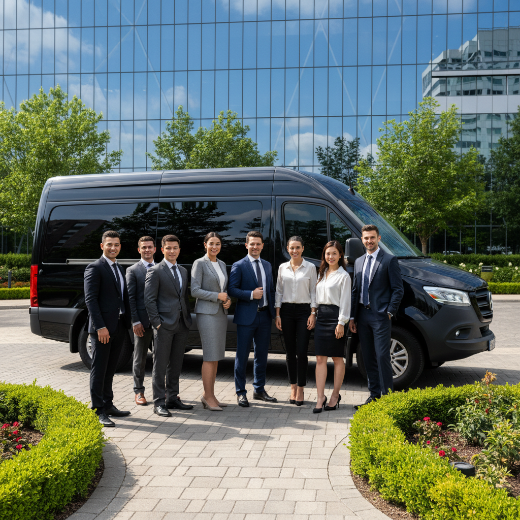Professional business team standing in front of luxury black Sprinter van at modern corporate venue with glass architecture and landscaped grounds