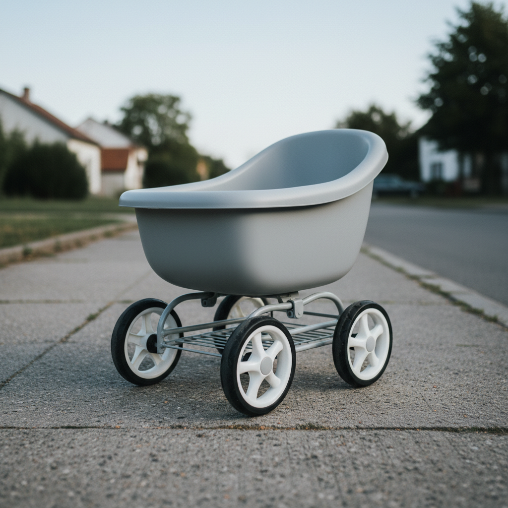 Standard plastic pram on grey pavement