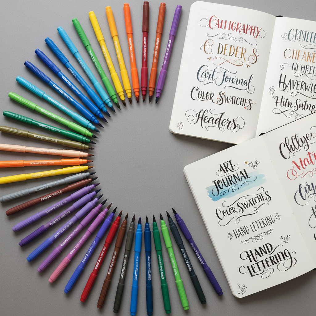 Tombow dual brush pens arranged on a white surface with ink swatches