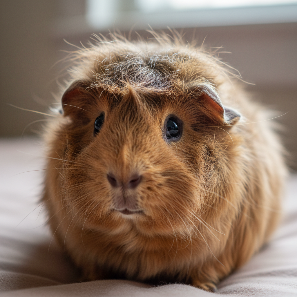 Abyssinian guinea pig with tangled rosette fur pattern before professional grooming