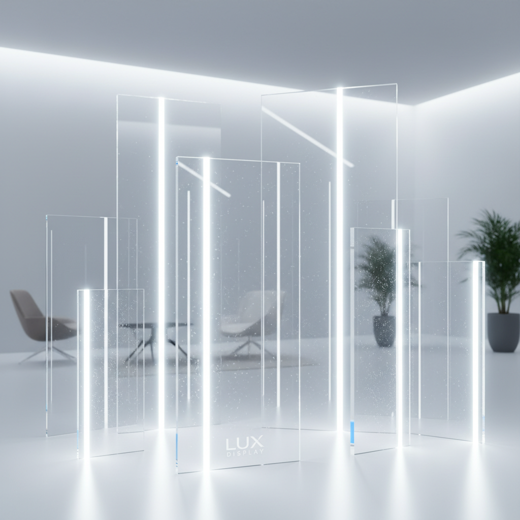 Clear acrylic display panels reflecting light in a bright showroom, crisp white reflections, minimal background