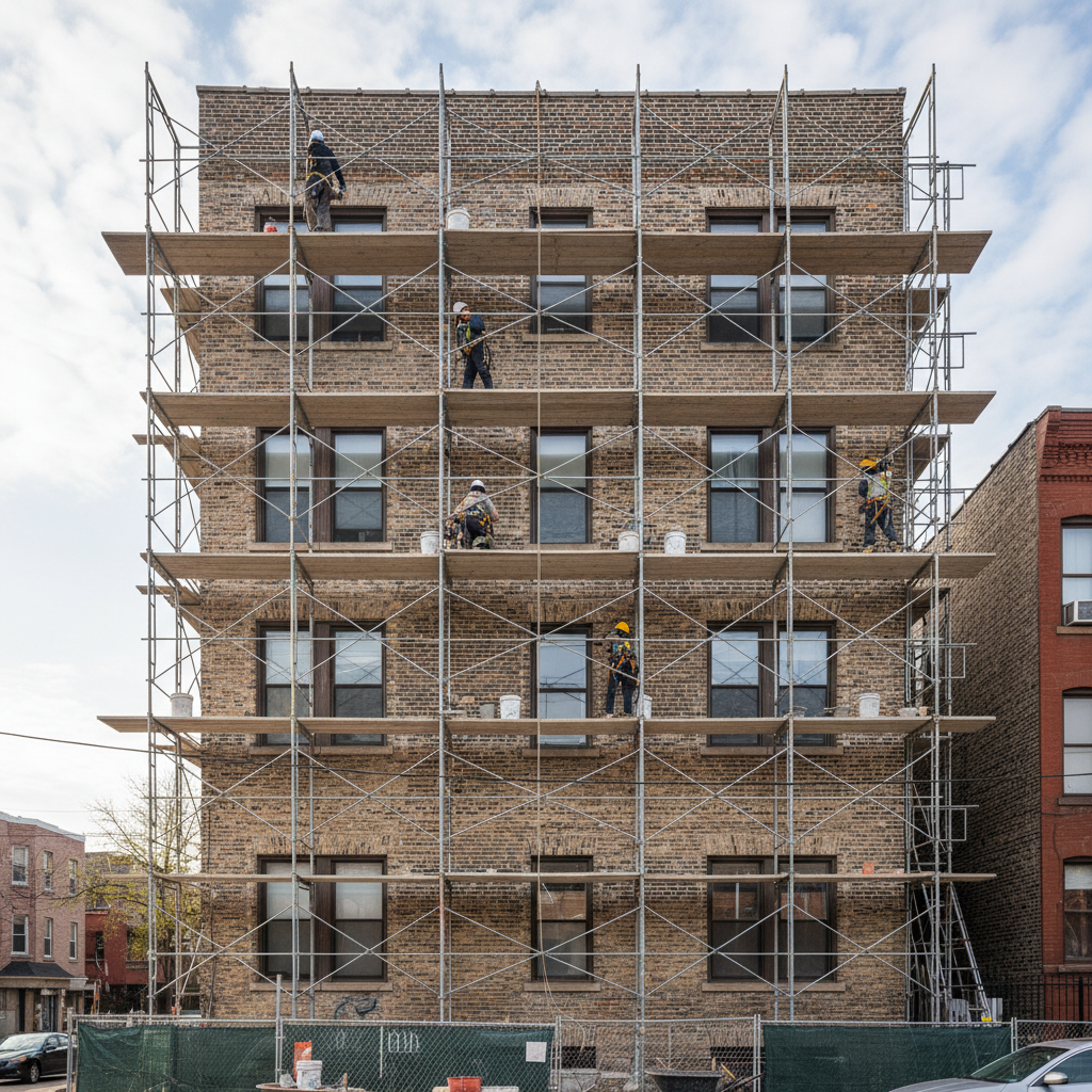 Scaffolding erected on north face of historic Pilsen apartment building for tuckpointing work