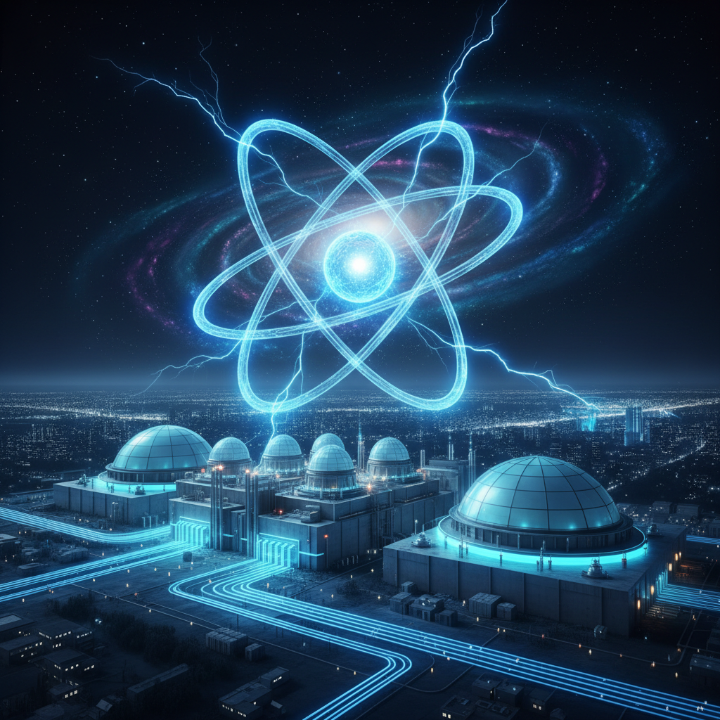 Nuclear energy visualization with blue atomic orbital glow