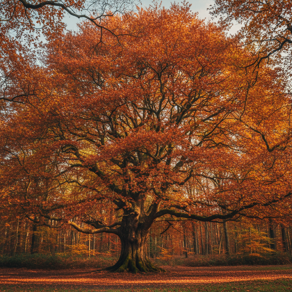 Autumn copper beech tree in full russet and amber foliage, leaves catching afternoon light, a wide trunk visible against a softly blurred forest background