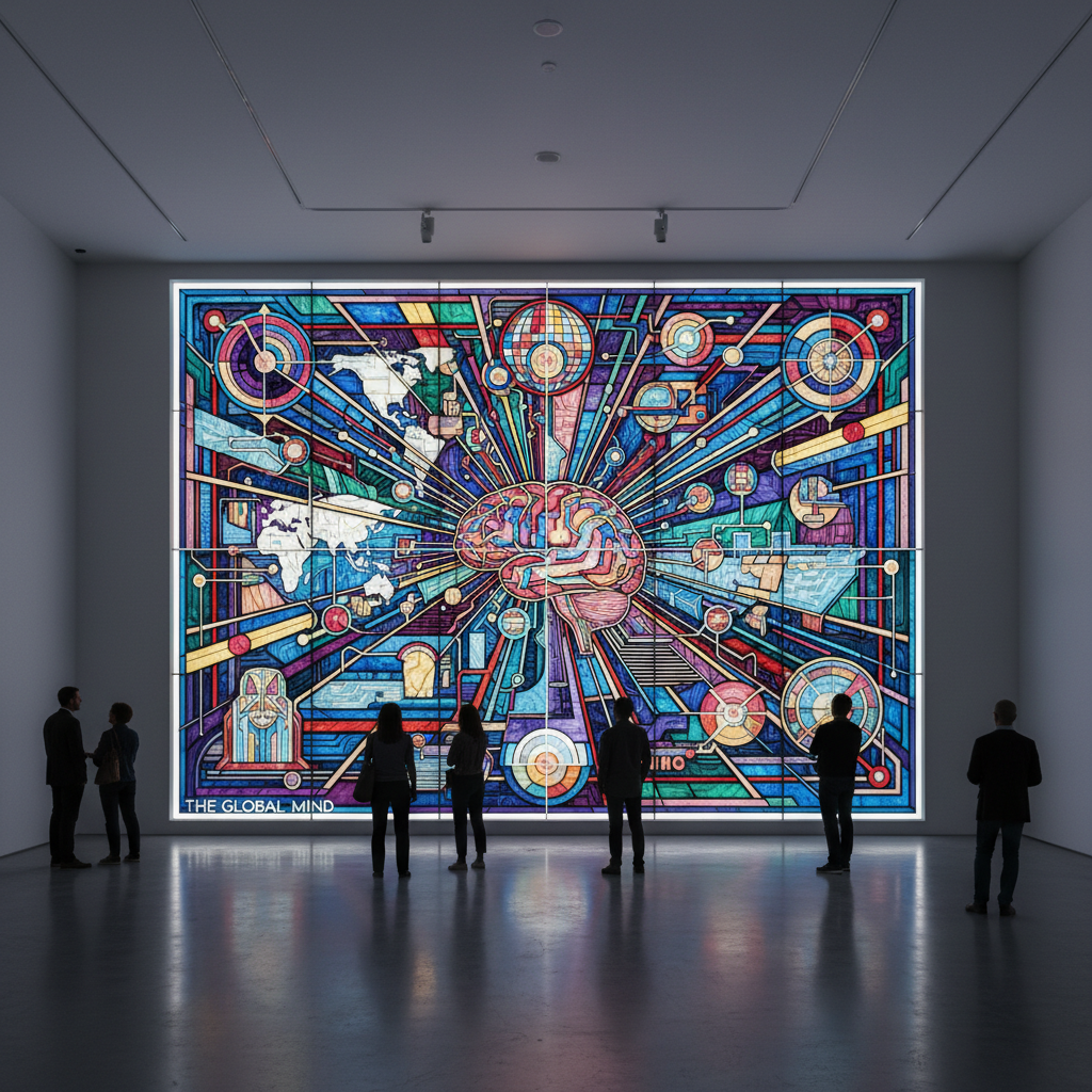 Large-format editorial illustration printed on a backlit glass wall in a stark white gallery — saturated, hand-authored, razor-sharp