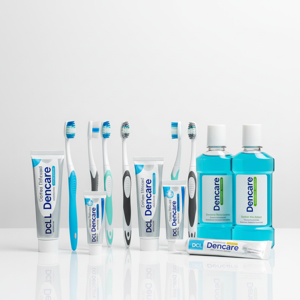Assorted DCL Dencare oral care bundle products spread on a bright clinical white surface