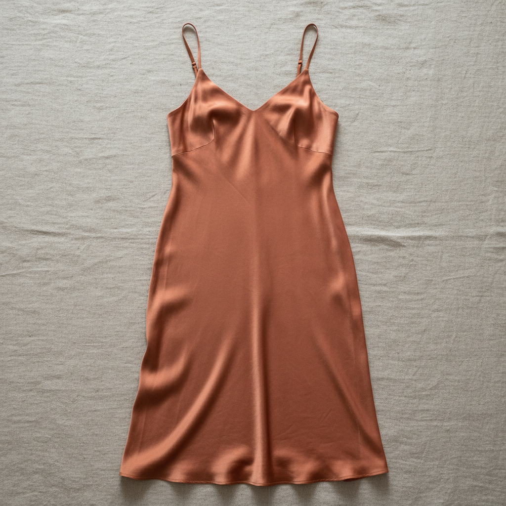 Deadstock silk charmeuse slip dress in warm terracotta tone, long bias cut, natural light