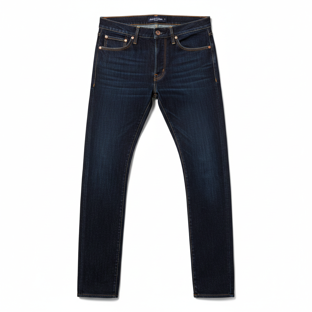 Dark blue slim fit jeans product shot, clean white background, natural lighting