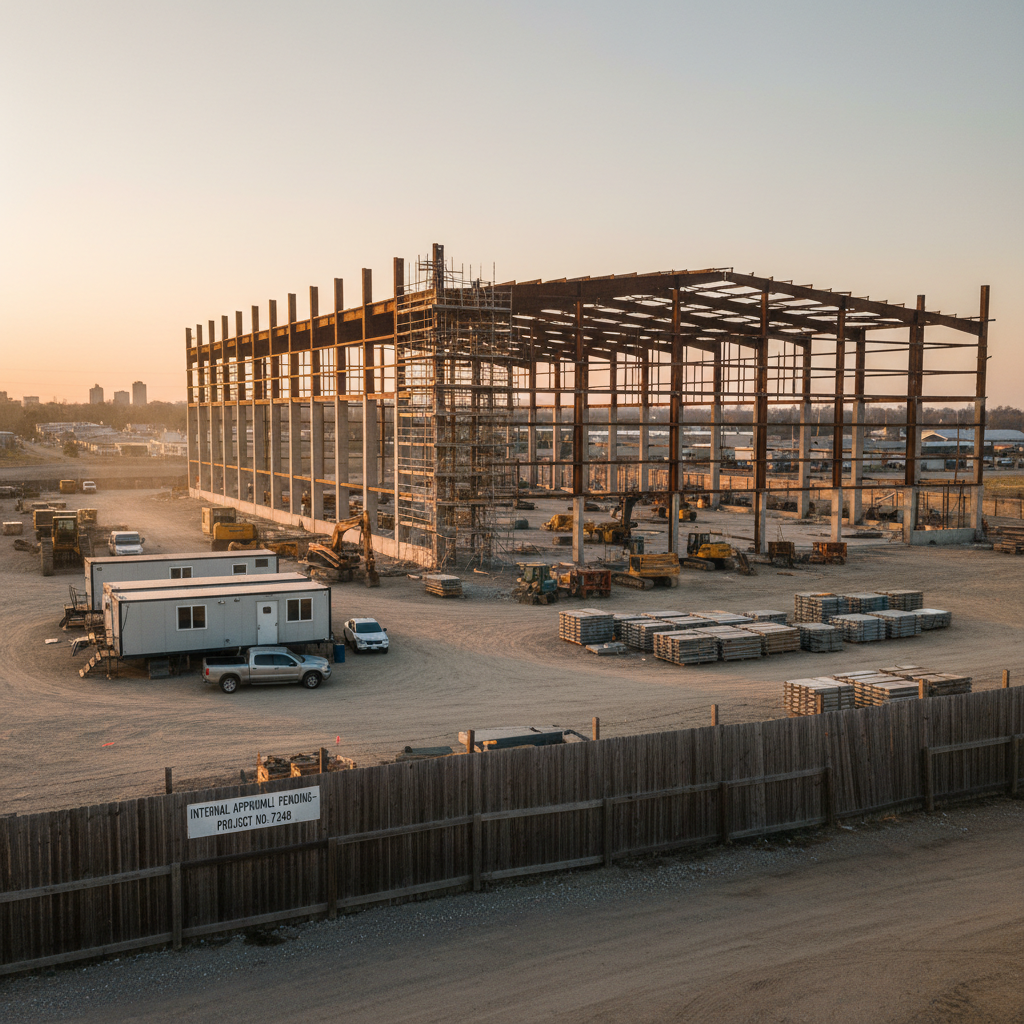 Industrial warehouse under construction with concrete slab work and structural framing visible