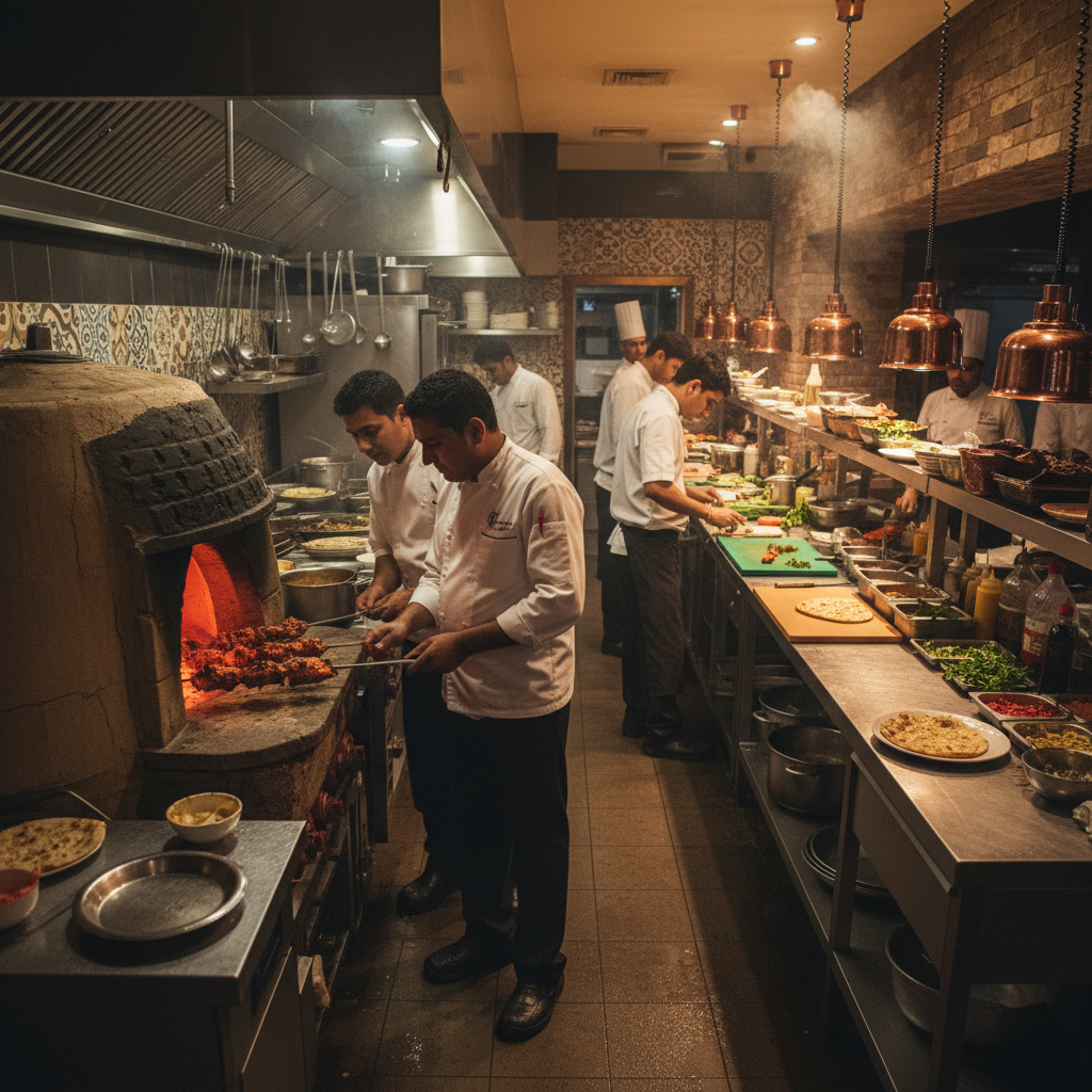 Interior of a busy Indian restaurant kitchen with warm lighting and chefs working at the tandoor oven