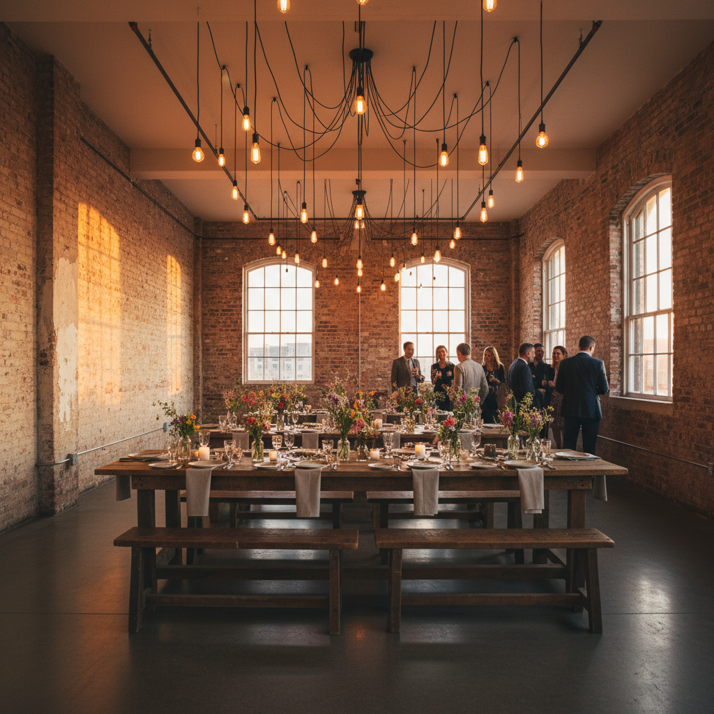 Golden hour loft space with Edison bulbs, long farm tables set for an event, and warm light across weathered brick walls
