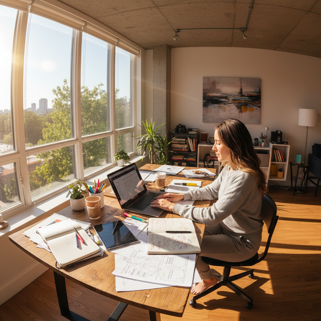 Content writer at bright airy desk with notebook and laptop, natural light, creative workspace