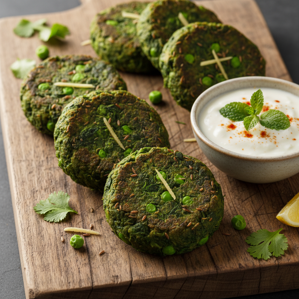 Green hara bhara kebab patties on slate plate with mint chutney